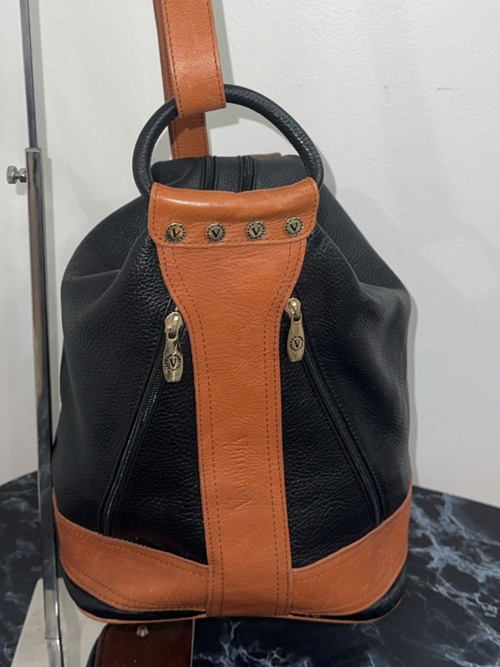 Valentina Pebbled Genuine Leather Black Bucket Sling Bag Backpack AUTHENTIC - Picture 7 of 15